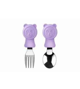 Valkyrie 304 Çelik Panda Bebek Kaşık Çatal SetiSilikon Saplı BPA İçermez Ergonomik Kaymaz Mor