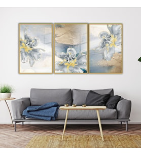 3'lü Metal Çerçeveli Cam Tablo Seti Modern Gri Sarı Çiçekler (Gold)