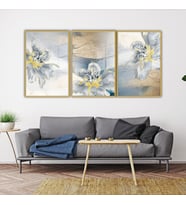 3'lü Metal Çerçeveli Cam Tablo Seti Modern Gri Sarı Çiçekler (Gold)
