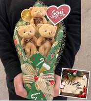 Yılbaşı Hediyesi Buket Seni Seviyorum Temalı Büyük Boy Kahve Peluş Ayıcık Buketi (Yeşil)