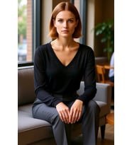 Kadın Regular Kalıp V Yaka Uzun Kollu İnce Örme Bluz Polyester Keten Görünümlü Basic Stili Kışlık