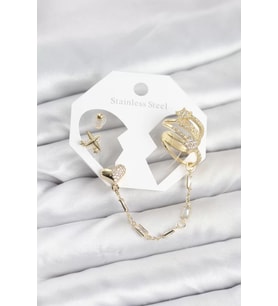 Kalp Yıldız Model Pirinç Gold Renk Zincir Bağlantılı Ear Cuff Küpe Seti - TJ-BKP11547
