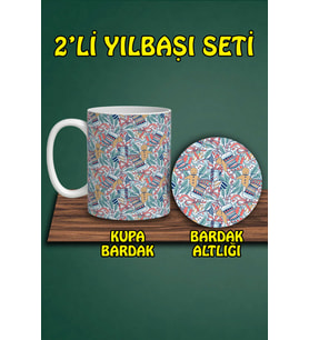 Yılbaşı Temalı Kupa ve Bardak Altlığı Seti