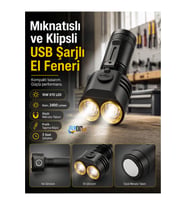Mıknatıslı Klipsli USB Şarjlı El Feneri 10W XTE LED 2400 Lümen Type-C Şarjlı Güçlü Işık Kamp Tamir Lamba