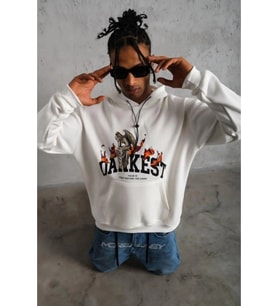 Erkek Oversize Kapüşonlu Sweatshirt – Beyaz Renk Üç İplik İçi Pamuklu Kanguru Cepli Baskılı Hoodie Rahat Kalıp Kışlık Günlük Kombinlere Uygun - Beyaz