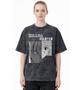 Tasarım Killua Zoldyck Hunter X Hunter Anime Baskılı Unisex Oversize Eskitme Yıkamalı Tişört