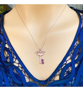 Rose Kaplama Renkli Taşlı Anahtar Gümüş Kolye (Karışık)