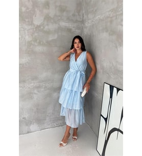 Neşeli butik kadın bebe mavi kruvaze yaka kat kat kuşaklı midi boy elbise NBK4674