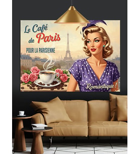 Retro Kafe Reklamı, Pin-Up Kız Dekoratif Kanvas - Mdf Ahşap Tablo