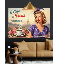 Retro Kafe Reklamı, Pin-Up Kız Dekoratif Kanvas - Mdf Ahşap Tablo