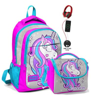 Coral High Okul Sırt Çantası ve Beslenme Çantası Seti - Kız Çocuk Pembe Unicorn - USB Soketli