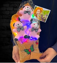 Renkli Led Işıklı Kişiye Özel Fotoğraflı Pembe Ayıcıklı Peluş Ayıcık Buketi (Model 4)