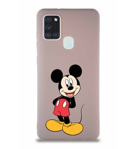 Samsung Galaxy A21S Soft Premier Kapak Mickey Mouse-B Tasarımlı Silikon Kılıf - Pudra (Şeffaf)