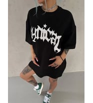 pilelistore- Unisex Bisiklet Yaka Baskılı Oversize T-Shirt - Siyah