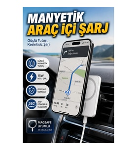 MagSafe Kablosuz Araç İçi Manyetik Şarj Aleti 15W Type-C Girişli iOS Uyumlu
