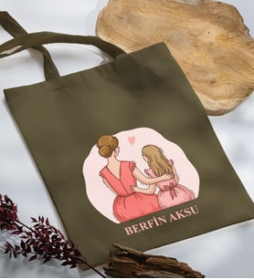 BK Gift Kişiye Özel İsimli Anneler Günü Tasarımlı Haki Kumaş Bez Çanta, Baskılı Omuz Çantası, Alışveriş Çantası, Anneler Günü Hediyesi, Anneye Hediye-5