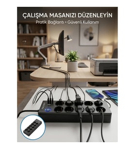 Mey İthalat® Akım Korumalı 10'lu Çoklu Priz USB-A ve Type-C Şarj Çıkışlı