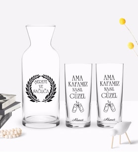 BK Gift Kişiye Özel Renkli Baskılı Ama Kafamız Nasıl Tasarımlı İkili Rakı Bardağı ve Karaf Hediye Seti-1 (Model 1)