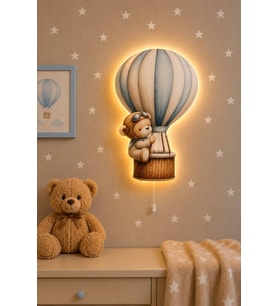 Ahşap Ayıcıklı Kapadokya Balon Pilli Ledli Gece Lambası Bebek Çocuk Odası-Yıldız Sticker Hediyeli