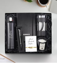 Kişiye Özel 500 ML Siyah Kilitli Çelik Termos & Siyah Defter & Gümüş Renk Detaylı Siyah Tükenmez Kalem & Vanilya Kokulu Bardak Mum & Siyah French Press Hediye Seti