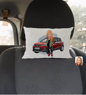 BK Gift Kişiye Özel Plakalı Kadın Seat Ateca Karikatürlü Dikdörtgen Araç Koltuk Yastığı-1