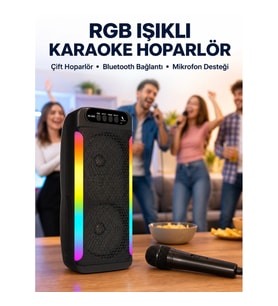 Mey İthalat® RGB Işıklı Çift Hoparlörlü Taşınabilir Bluetooth Speaker ve Mikrofon Yeni Nesil
