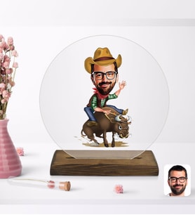 BK Gift Kişiye Özel Rodeo Karikatürlü Yuvarlak Ahşap Standlı Biblo-1