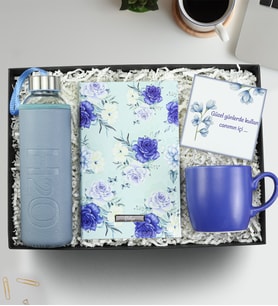 Kişiye Özel Tasarım Defter & Kılıflı 1000 Ml Cam Matara & Kupa Hediye Seti