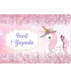 Pembe Unicorn Temalı Doğum Günü Afişi 35X50 cm