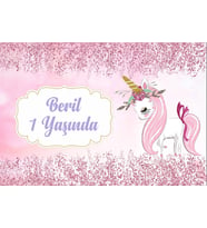 Pembe Unicorn Temalı Doğum Günü Afişi 35X50 cm