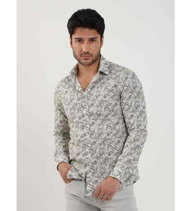 Haki Erkek Slim Fit Yaprak Desenli Brent Yaka Uzun Kol Gömlek