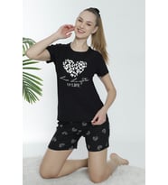 Mirano 1601 Pegasus Likralı Kumaş Kalpli Şortlu Takım Pijama Takımı (Siyah)