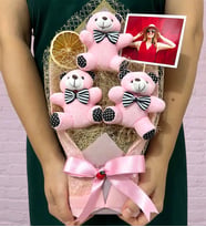 Kişiye Özel Fotoğraflı Ayıcık Buketi - Büyük Boy Pembe Ayıcıklar Buketi - Peluş Ayıcık Buketi (Model 2)