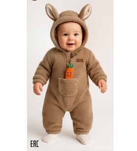3026 Wofim Unisex Bebek Natural Welsoft Şapkalı Cep Havuç Detaylı Tulum