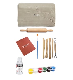 Beyaz Seramik Hamuru 3 kg Kil Ebeşuar Seti 6x15 ml Akrilik Set 120 cc Vernik Ahşap Merdane Zımpara