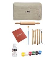 Beyaz Seramik Hamuru 3 kg Kil Ebeşuar Seti 6x15 ml Akrilik Set 120 cc Vernik Ahşap Merdane Zımpara