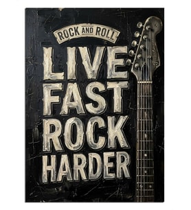 Live Fast Rock Harder Yazılı Gitar Poster Dekoratif Kanvas - Mdf Ahşap Tablo