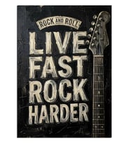 Live Fast Rock Harder Yazılı Gitar Poster Dekoratif Kanvas - Mdf Ahşap Tablo