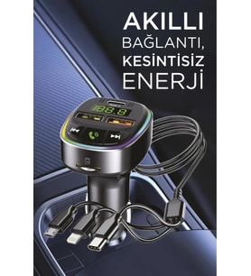 Ahanda Buldum Siyah FM Transmitter Araç Şarj Cihazı (18W Hızlı Şarj - USB/Type-C/TF Kart Destekli) (Düz Siyah)
