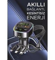 Ahanda Buldum Siyah FM Transmitter Araç Şarj Cihazı (18W Hızlı Şarj - USB/Type-C/TF Kart Destekli) (Düz Siyah)
