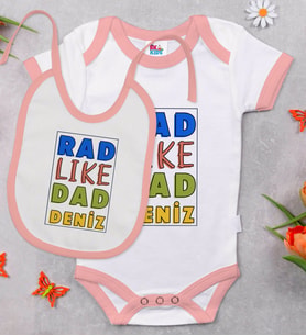 BK Kids Kişiye Özel Rad Like Dad Tasarımlı Pembe Bebek Body Zıbın ve Mama Önlüğü Hediye Seti