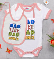 BK Kids Kişiye Özel Rad Like Dad Tasarımlı Pembe Bebek Body Zıbın ve Mama Önlüğü Hediye Seti