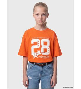 LCW Kids Turuncu Bisiklet Yaka Baskılı Kız Çocuk Tişört
