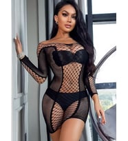 Siyah Uzun Kollu File Mini Elbise Bodystocking – Transparan  İç Giyim 8953