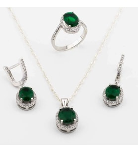925 Ayar Gümüş Yeşil Zirkon Taşlı  Yuvarlak Model Bayan Set
