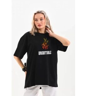 Unisex Bisiklet Yaka Baskılı Oversize T-Shirt - Siyah