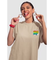 Unisex Renkli Graffiti Baskılı Oversize Beyaz T-shirt (Bej)