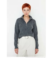 Kadın Oversize Basic Dokulu Uzun Kollu Fermuarlı Dik Yaka Selanik Örgü Triko Kazak Kaliteli