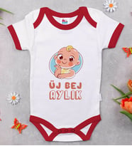 BK Kids Üj Bej Aylık Tasarımlı Kırmızı Bebek Body Zıbın-1