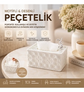 18.4X12.5X9CM BEYAZ YAYLI MASAÜSTÜ DEKORATİF DİKDÖRTGEN PEÇETELİK (4915)